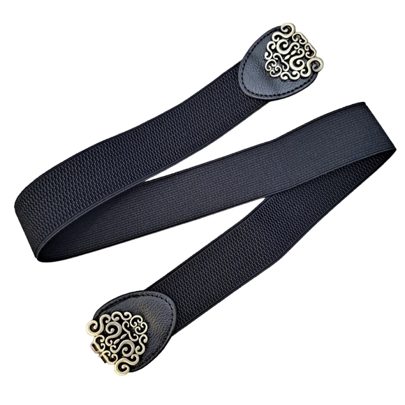 Black gold floral buckle faux leather corset boho stretch waist statement belt - Picture 8 of 12